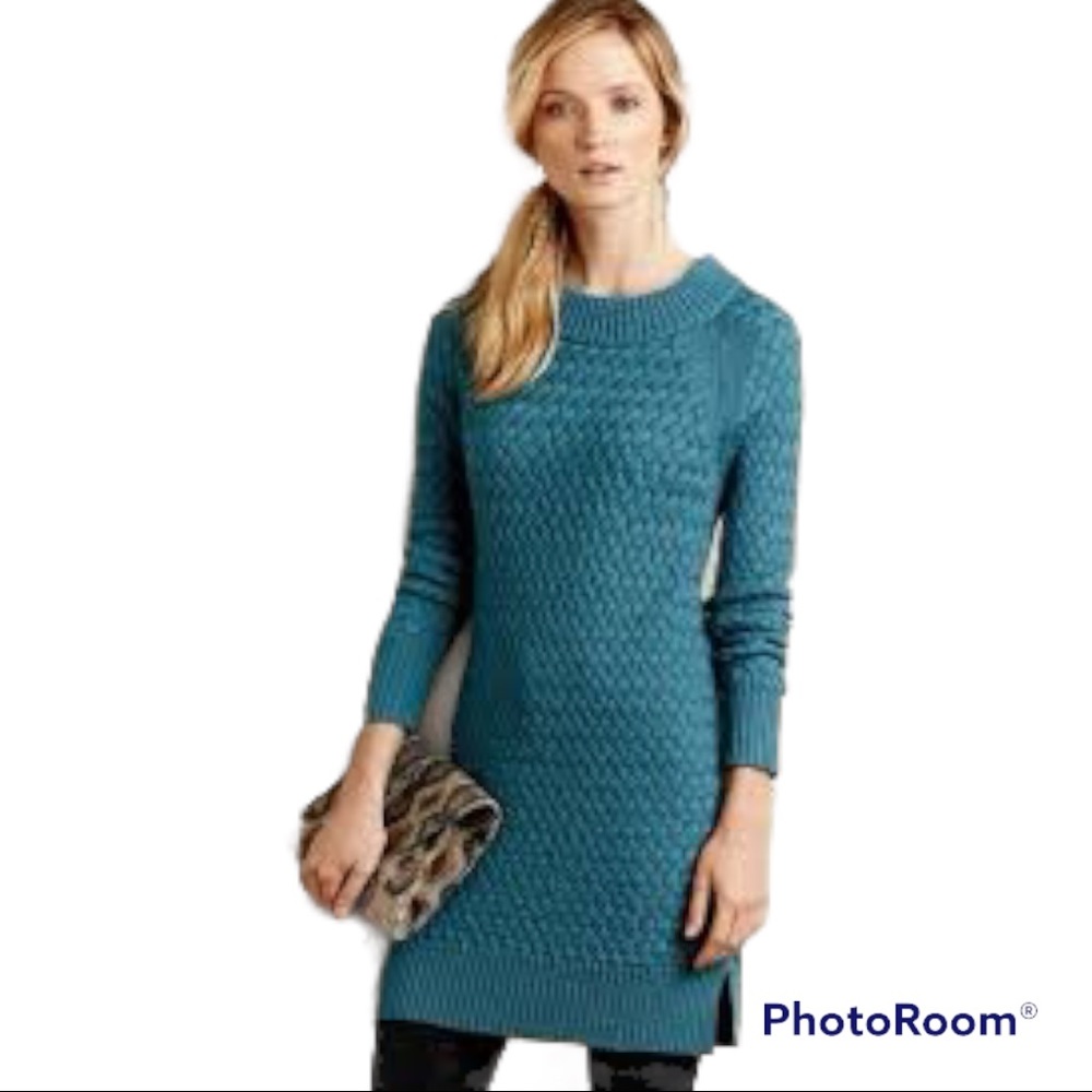 ANTHROPOLOGIE MOTH Basketweave Funnel-Neck Tunic Wool Sweater,